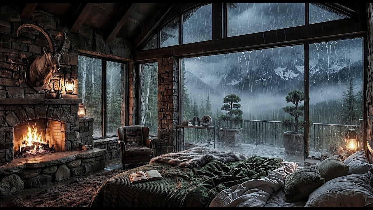 Heavy Rain Sounds, Distant Thunder & Fireplace | Deep Sleep in Cozy ...