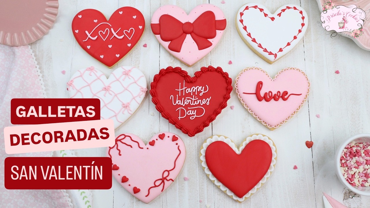 Galletas decoradas de San Valentín ❤️ How to Decorate 8 Heart Cookies - Priscila's Cookies