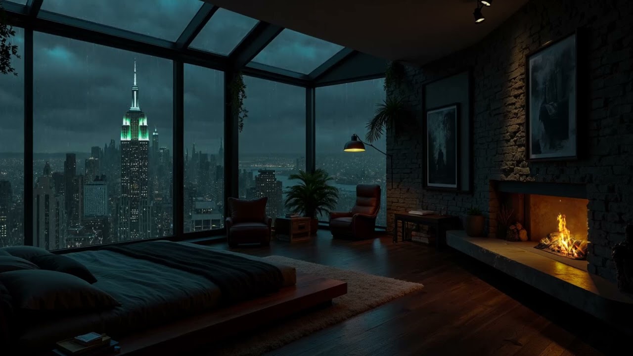 Quiet NYC Apartment Night with Rain Sounds🌧️Warm Fire Sounds & Rain On Window for Deep Rest, Relax