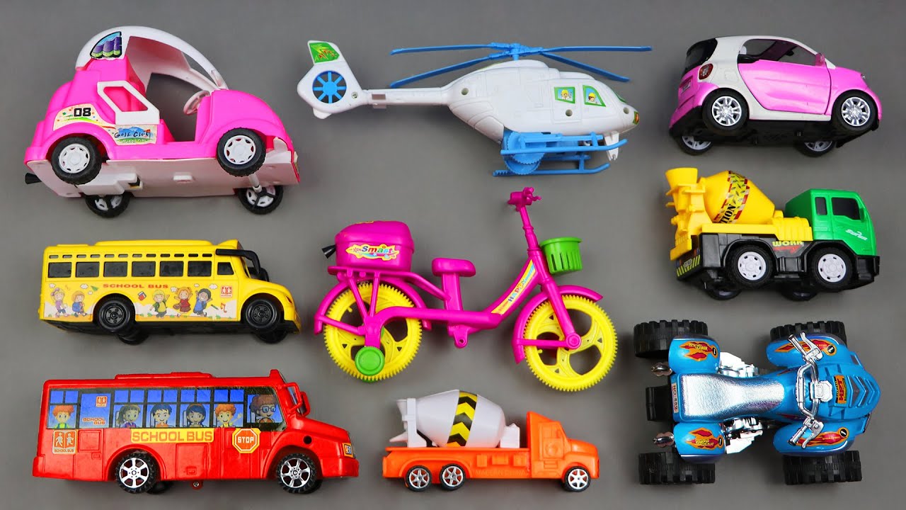 Some Transport Toy Vehicles Reviewed and Drive - Mixer Truck, Helicopter, School Bus, Bicycle Toy