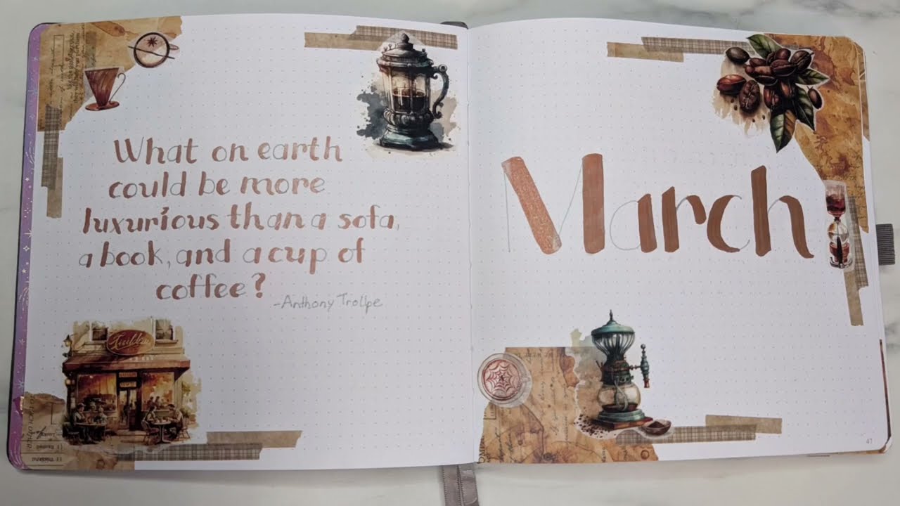 March journal set up - cozy coffee theme