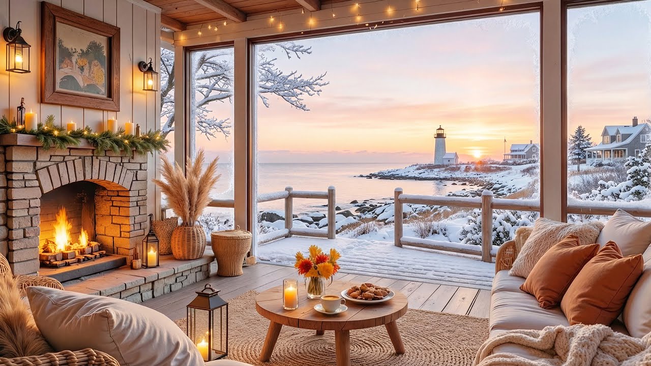 Winter Beach Ambience with Blizzard ❄️ Soft Piano Music & Ocean Waves by the Sea