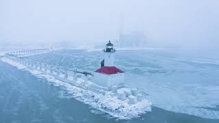 Frozen Lighthouse on Lake Michigan