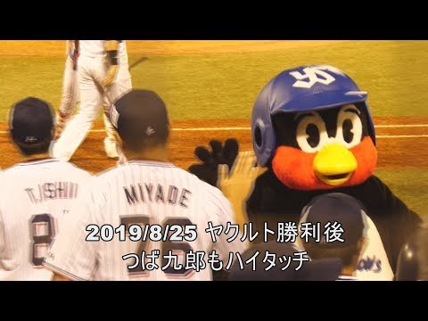 2019/8/25　試合勝利後　つば九郎もハイタッチ