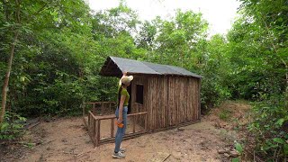 Crafting complete and comfort survival shelter With plastic roof | Bushcraft wood structure,