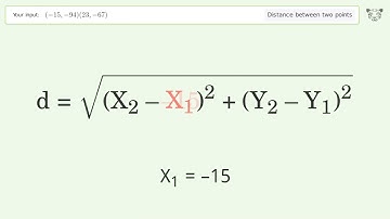 Find the distance between two points p1 (-15,-94) and p2 (23,-67): Step-by-Step Video Solution