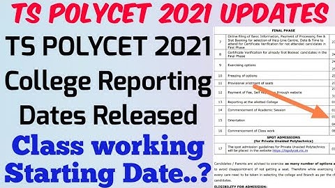 TS POLYCET 2021 College Reporting Dates Released//Class work Starting Date..