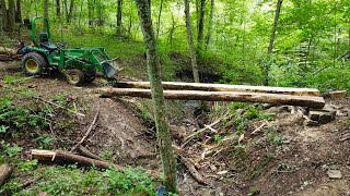 Working on Log Bridge In the Woods - Milling and Installing the Second Log Timber Bridges