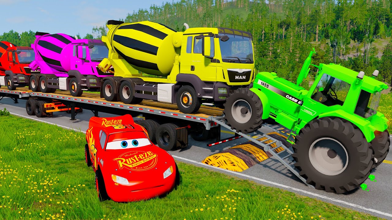TRANSPORTING PIXAR CARS & FRUITS WITH COLORED & JOHN DEERE vs CLAAS vs TRACTORS - BeamNG.drive 