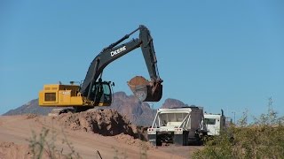 Deere 450D LC Loading Belly Dumps: Southern View -- Apache Junction, Arizona February 6th, 2015