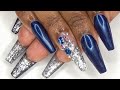 Acrylic Nails Tutorial - How To Full Set with Nail Forms - Navy Blue and Silver Glitter Bottom Nails