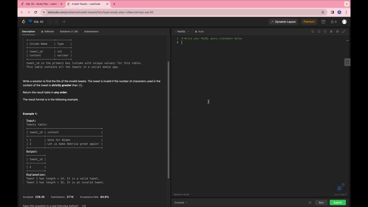 Leetcode sql 50 1683 invalid tweets youtube