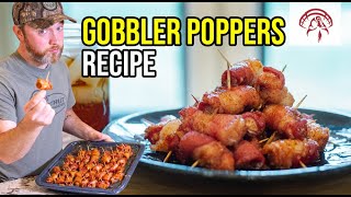 Gobble poppers recipe ingredients: 2/3 cup brown sugar 1 tbsp chili
powder honey turkey cut into 1” cubes bacon thirds toothpicks
directions: prehea...