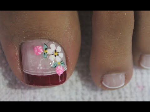 DISEÑO DE UÑAS PARA PIES FLOR Y ROSAS CON FRANCES - FRENCH NAIL ART - FLOWERS NAIL ART - NLC