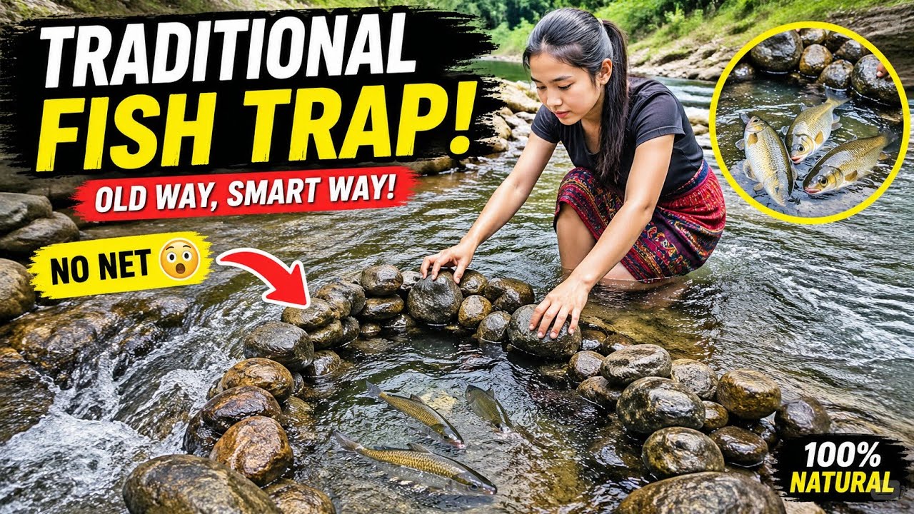 Arranges rocks to create a trap to catch fish in the stream ...