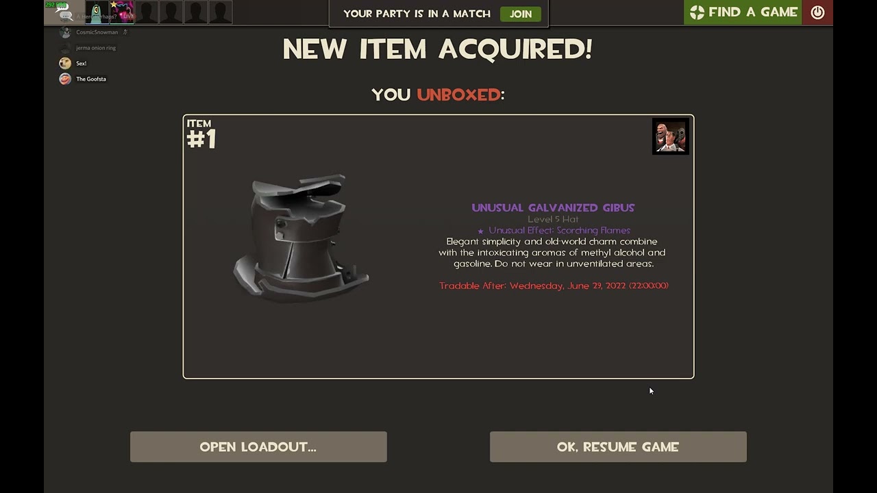 TF2 Unusual Galvanized Gibus Unbox Reaction