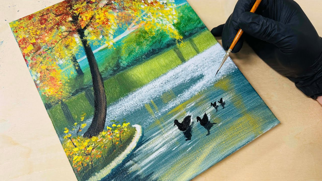 How to Paint a Peaceful Autumn Lake Scene with Ducks | Easy Acrylic Tutorial for Beginners
