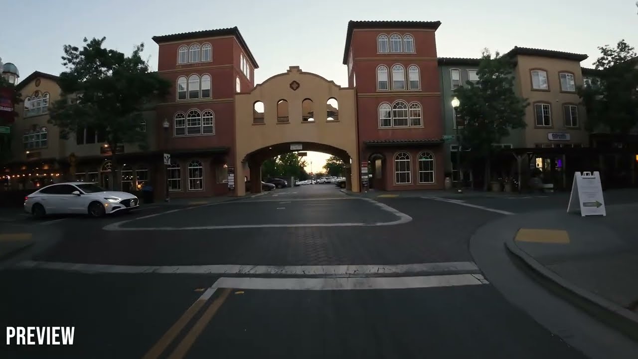 Windsor California USA downtown driving at dusk 4K