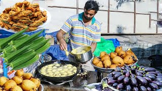 #Yummy! Brinjal Bajji And Okra Bajji Making | Baingan Bajji | Ladies Finger Bajji | Street Food