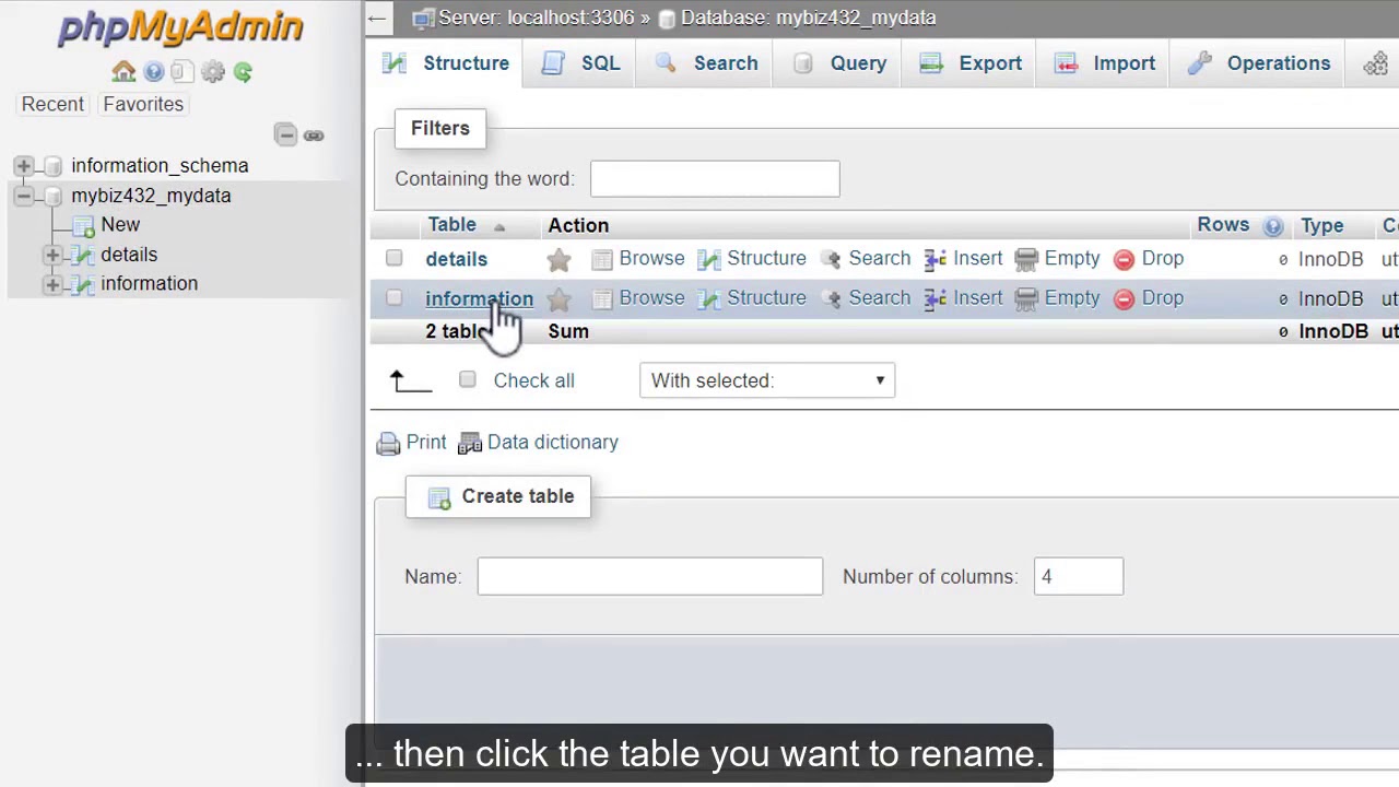 Renaming database tables with phpMyAdmin.