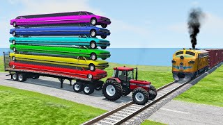 Double Flatbed Trailer Truck vs Speedbumps Train vs Cars | Tractor vs Train Beamng.Drive