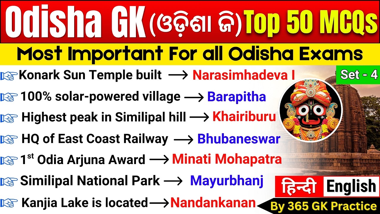 Odisha GK Top 50 MCQs | Odisha Gk Question Answers in Hindi | Odisha Gk MCQs | Odisha Quiz
