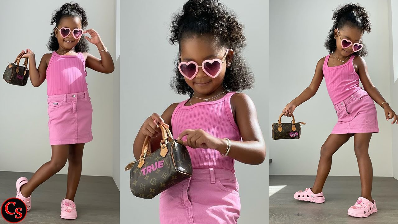 True Thompson, 4, models custom four-figure Louis Vuitton bag