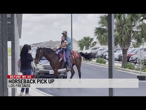 Father picks up daughter from school by horse