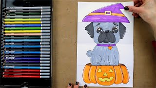 How to draw Halloween Witch Pug on a Pumpkin folding surprise | Art Classes for Kids Online, Part 66