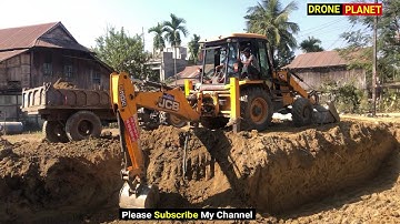 Making Home Foundation, JCB Backhoe 3DX Machine Loading Soil On Tractor
