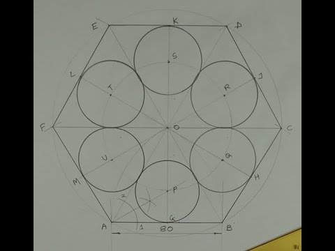 How to draw six equal circles in a hexagon touching one side of the hexagon and other two circles.