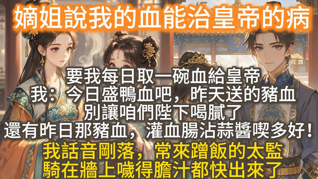 完結搞笑爽文：嫡姐說我的血能治皇帝的病，要我每日取一碗血給皇帝。我指揮替身侍女梨清：今日盛鴨血吧，昨天送的豬血，別讓咱們陛下喝膩了。我話音剛落，常來蹭飯的太監騎在牆上噦得膽汁都快出來了