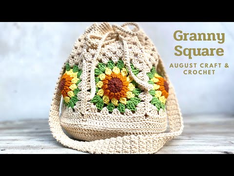 Stripe Strap Sunflower Granny Square Crochet Tote Bag 