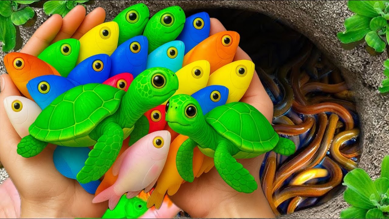 Amazing Catch Aquarium Fish In Easter Colorful Eggs, gold fish, Eel, Koi fish, Turtle