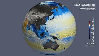 NextGEMS Cycle 3 simulation with ICON R2B9: salinity and velocity at the ocean surface at 5 km res.