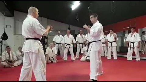 Garry O'Neill demonstrates kyokushin karate thigh kick defences with Dean Booth