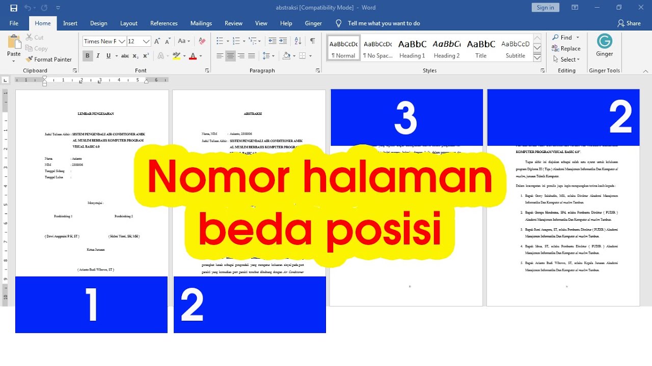 Cara membuat nomor  halaman  berbeda posisi di microsoft 