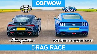 Toyota Supra v Ford Mustang V8 – DRAG RACE, ROLLING RACE \& BRAKE TEST