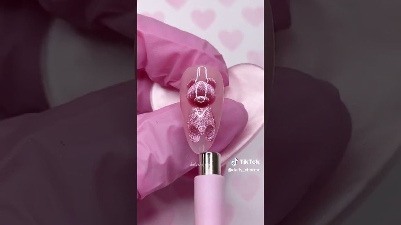 Nail Tutorial 🩷 Pink VDay Cat Eye Teddy Bear 🧸 