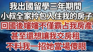 我出國留學三年期間小叔全家拎包入住我的房子回國後嬸嬸不僅霸占我房產甚至還想讓我交房租不料我一招她當場傻眼。#家庭#情感故事 #中老年生活 #中老年 #深夜故事 【孤燈伴長情】