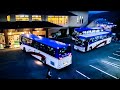 バス6台、夜間に続々到着して転回駐車 九州産交観光 大型バス Night in tourist bus in Japan.