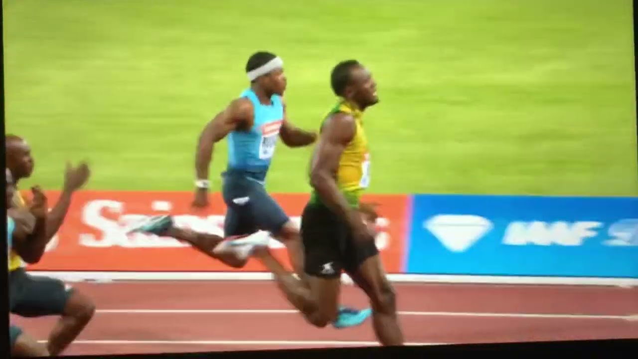100m Sprint Usain Bolt vs Kim Kolins Slow motion camera sides