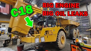 C18 Diesel Engine has BIG TIME oil leaks in a Big 745 Haul Truck.