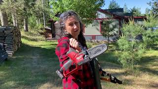 How to use the Milwaukee M12 FUEL Hatchet Pruning Saw Video Tutorial by Grandma Review Chainsaw Tree