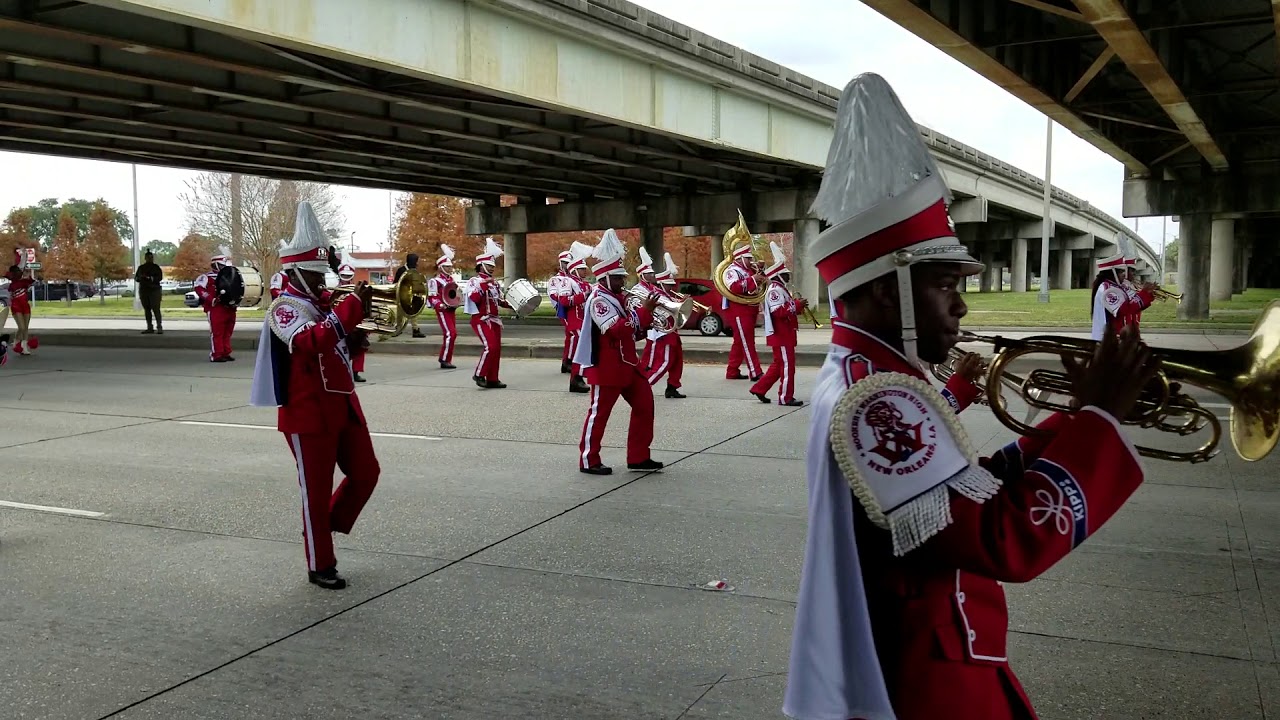 Booker T. Washington band (under the bridge) in New Orleans East parade