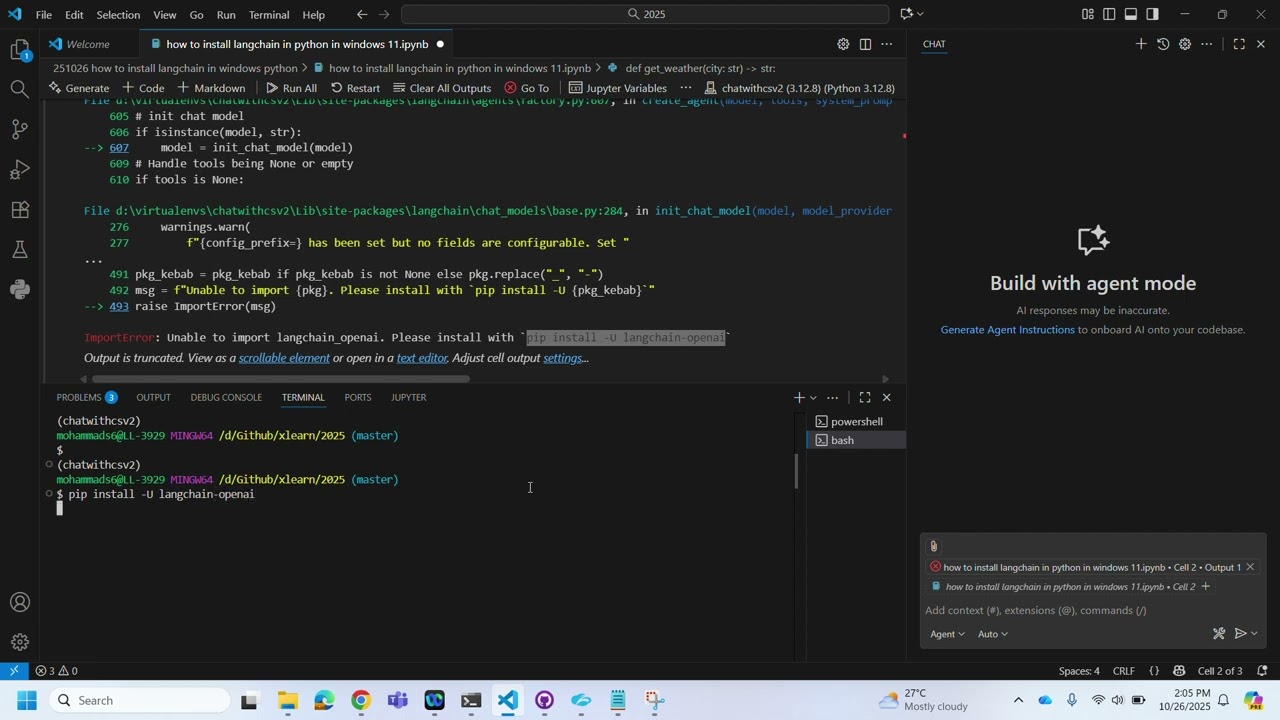 How to install langchain-openai (to use openai models) in python in Windows 11 ?
