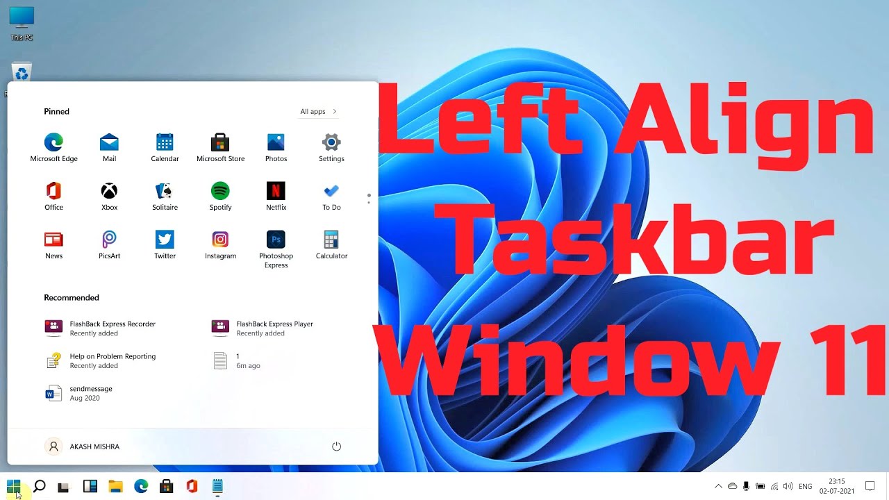 Window 11 Left Align taskbar icons and start menu, This PC icon in ...