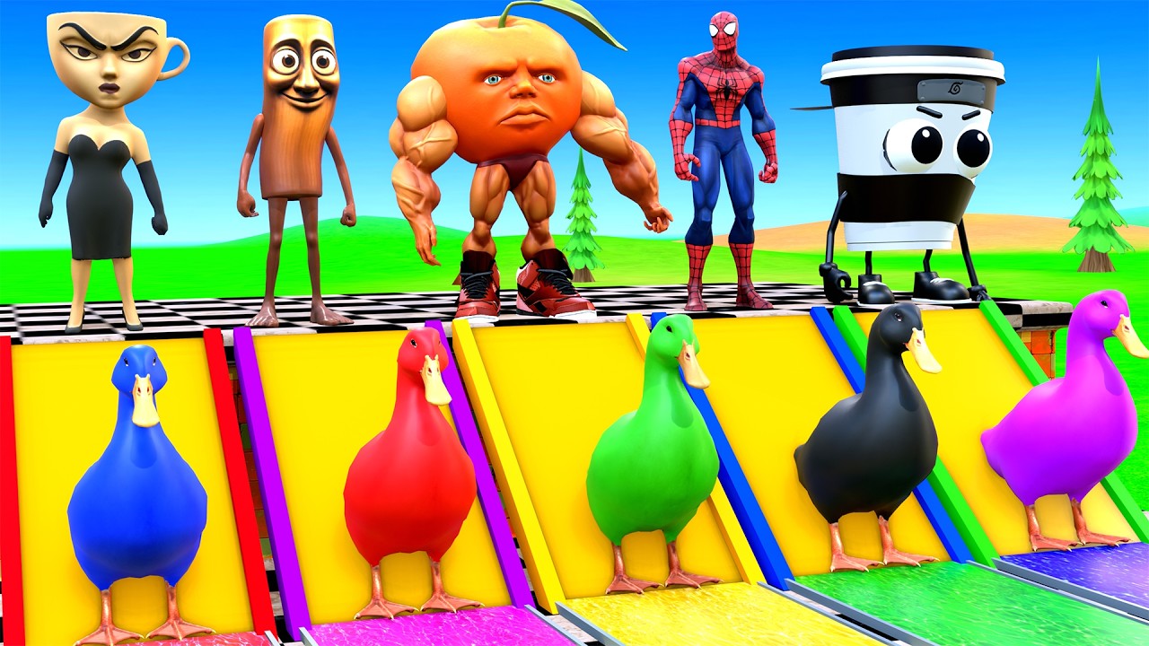 Playing as Spiderman in Long Slide Game with Cow Elephant Gorilla Hippo Tiger. Funny 3d Animal Game