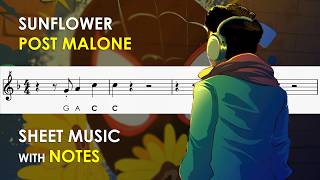 Sunflower - Post Malone | Sheet Music with Notes for Recorder, Flute, Violin Tutorial | Spider-Man