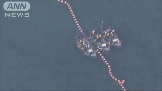 辺野古フロート撤去始まる　移設巡る和解で工事中断(16/04/30)